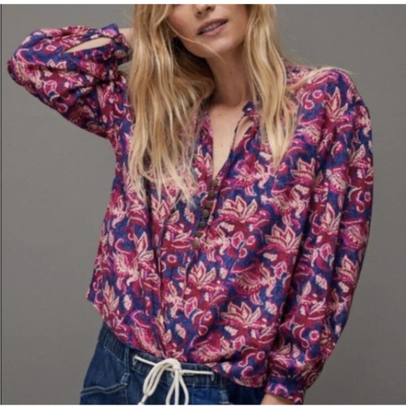 Anthropologie Tops - Anthropologie Pilcro Lucille Peasant Blouse Floral Blue Pink Small